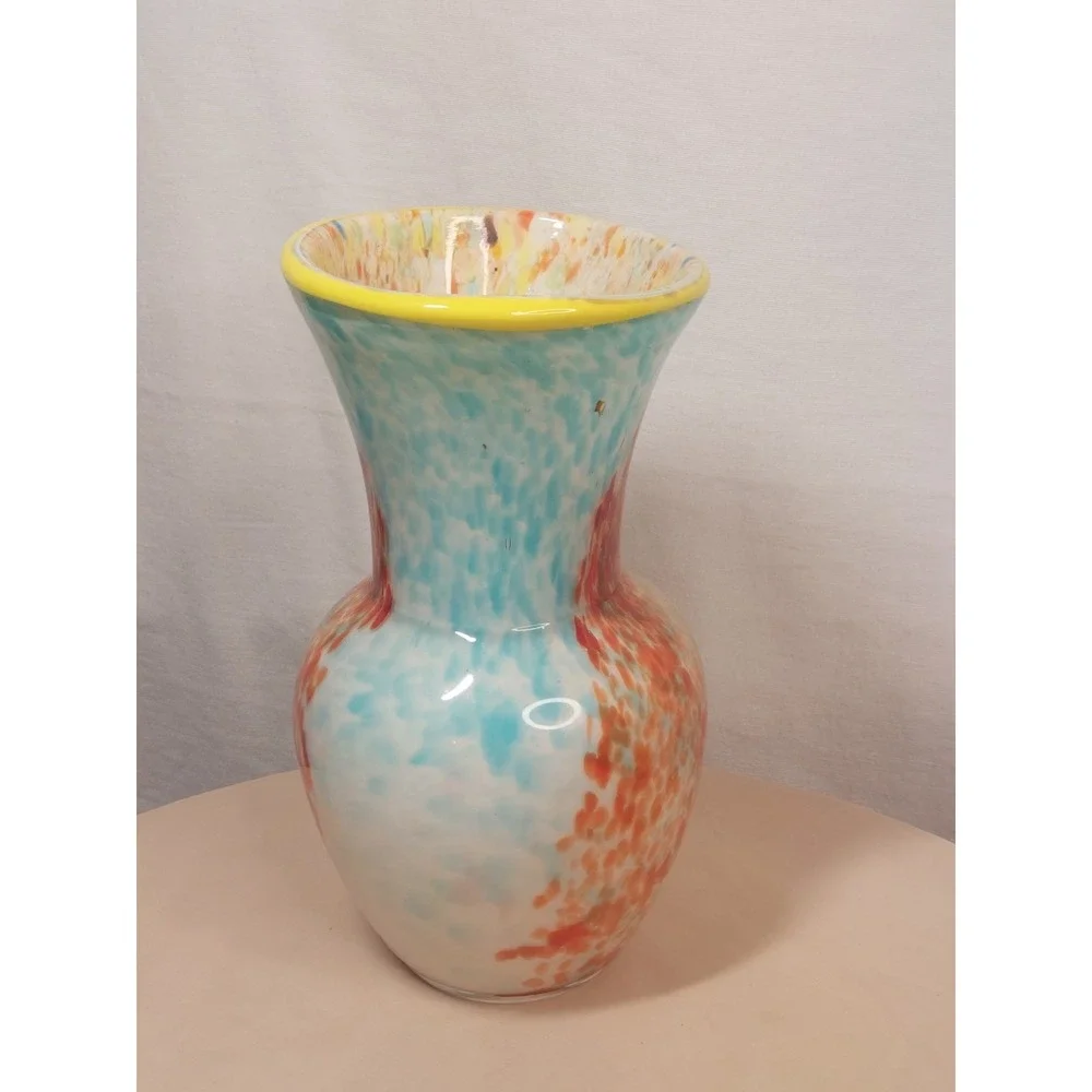 Hand Blown Studio Art Glass Vase Confetti Interior Turquoise Yellow Rim Modern